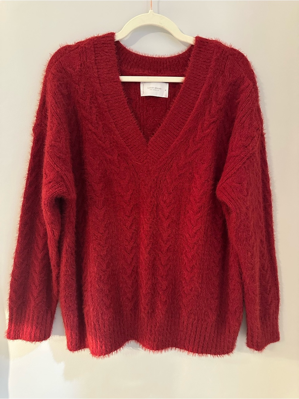 Lucky Brand Red Fuzzy Knit V Neck Sweater Women’s Medium M Soft Cozy